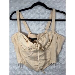 Forever 21 Women Size Large Beige Linen Blend Lace Up Corset Cami Crop Top
